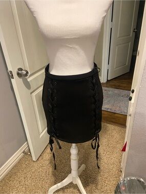 Honey Punch Black Lace-Up Mini Skirt